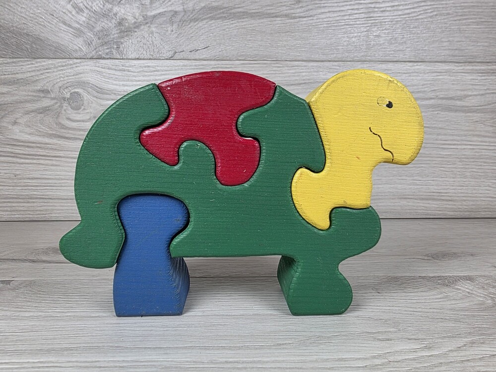 Wood Turtle Animal Puzzle Painted Folk Art Coastal Children Primary Colors SU62